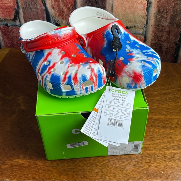 red white and blue kids crocs